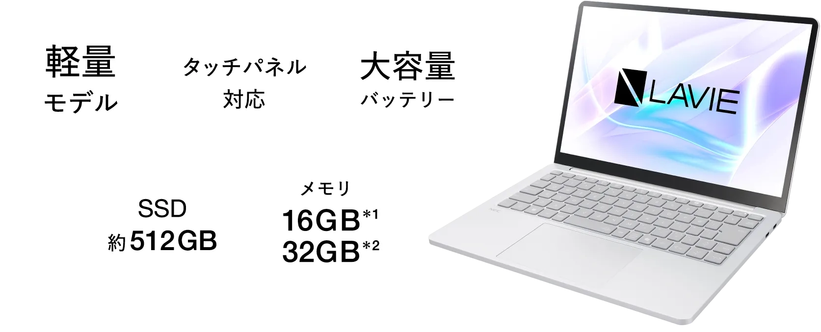 「軽量モデル」「タッチパネル対応」「大容量バッテリー」「SSD約512GB」「メモリ16GB 32GB」