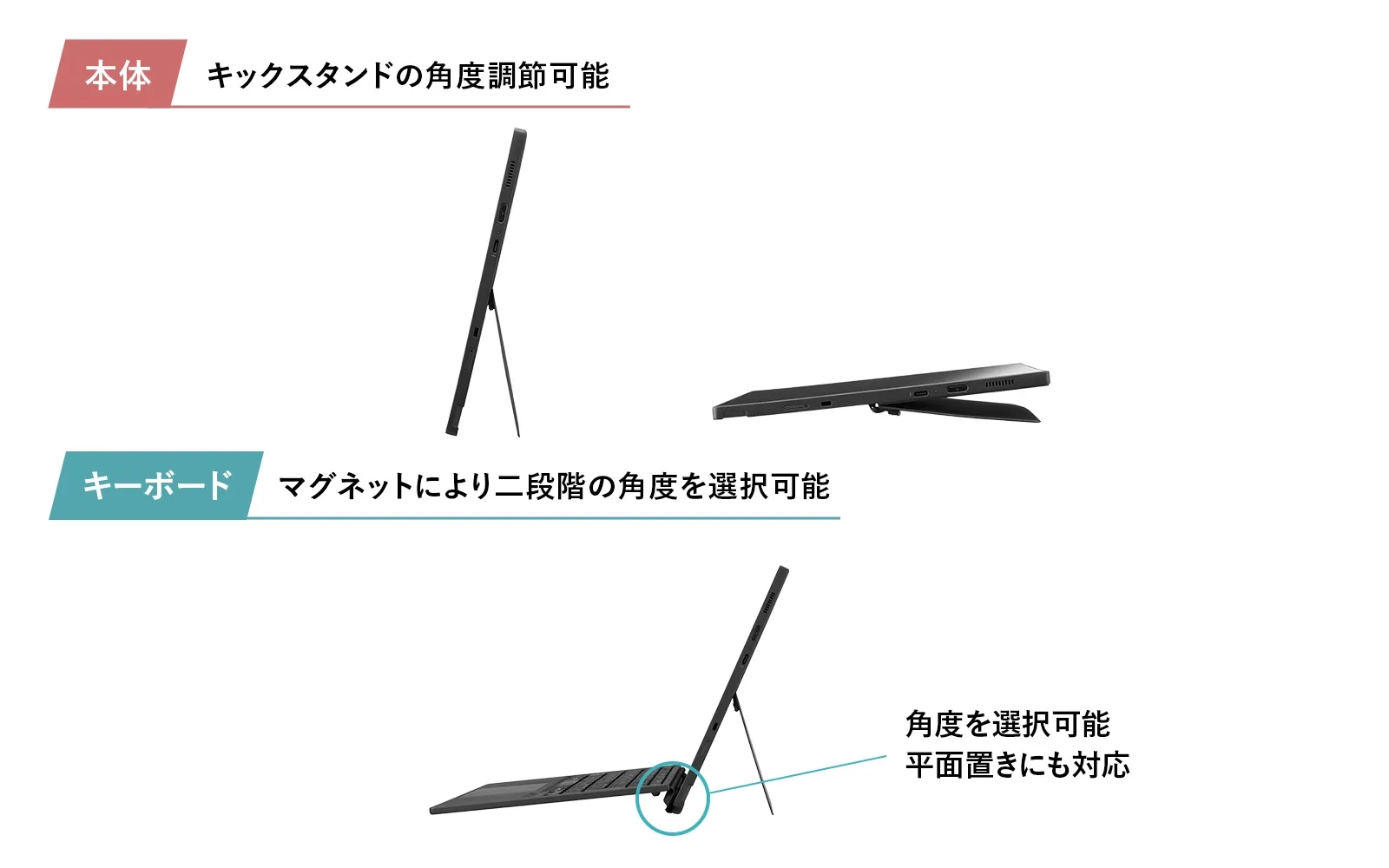 2種類のタイピング角度に調整可能