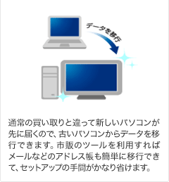 通常の買い取りと違って新しいパソコンが先に届くので、古いパソコンからデータを移行できます。市販のツールを利用すればメールなどのアドレス帳も簡単に移行できて、セットアップの手間がかなり省けます。
