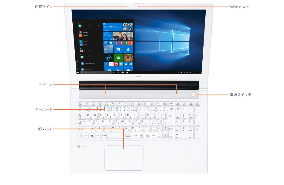 17年秋冬モデル Lavie Note Standard Ns100 H2w Ns100 H1w 各部の名称 サイズ ノートパソコン Nec Lavie公式サイト